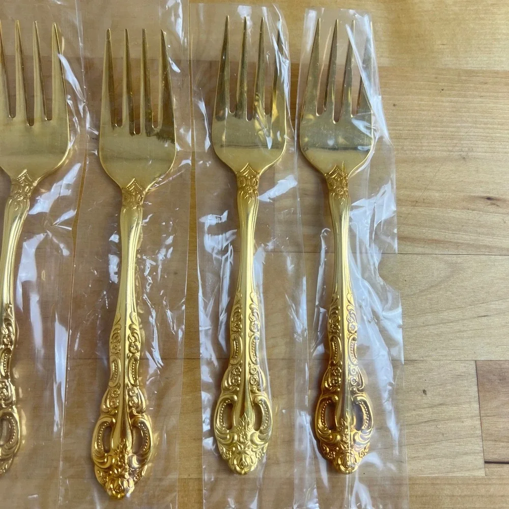 Olde Chelsea Silversmiths Set of 6‎ Vintage Gold Tone Korea Salad Forks Ornate
